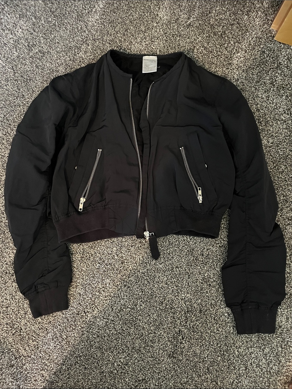 Acne Cropped Black Bomber Jacket with Silver Zippers